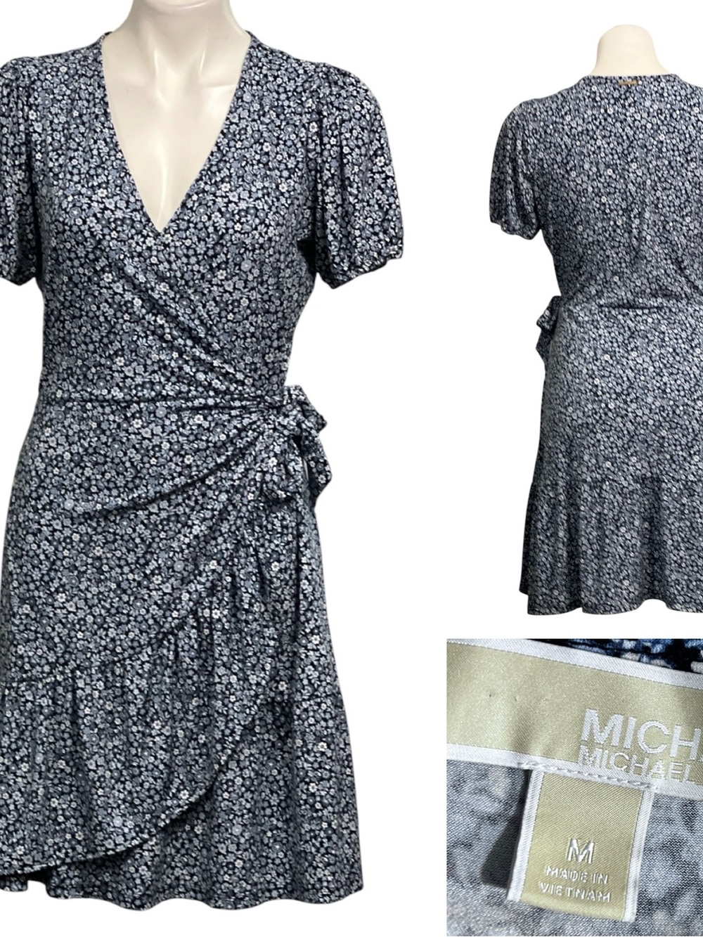 MICHAEL Michael Kors Wrap-Style Dress sz M blue Floral short sleeve